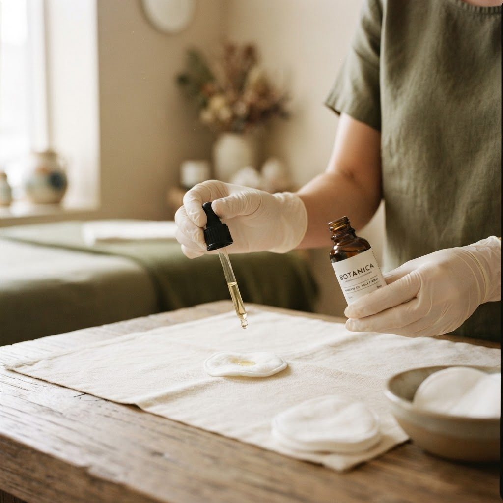 Preparación de un tratamiento facial con frasco de vidrio y algodón