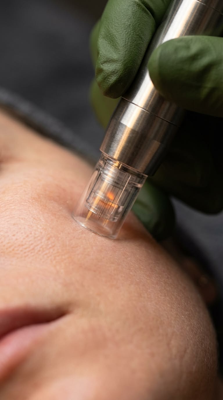 Primer plano de un dispositivo de microneedling dermapen tratando la piel, con guante verde
