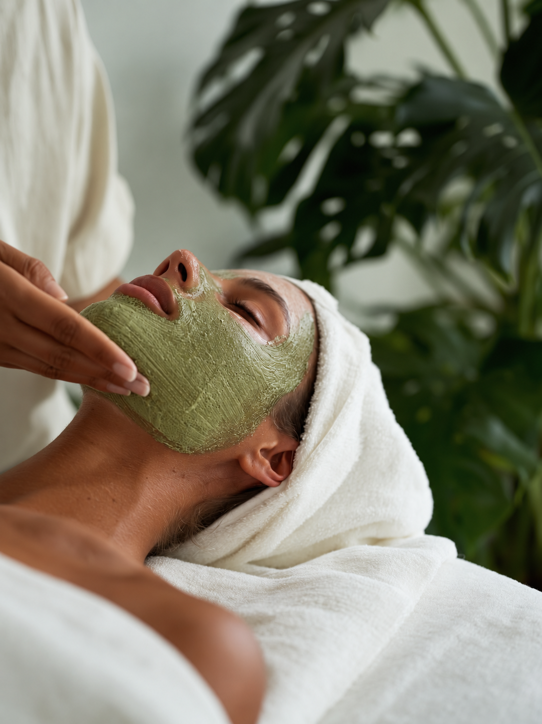 Clienta recibiendo un tratamiento facial con mascarilla verde aplicada por una profesional